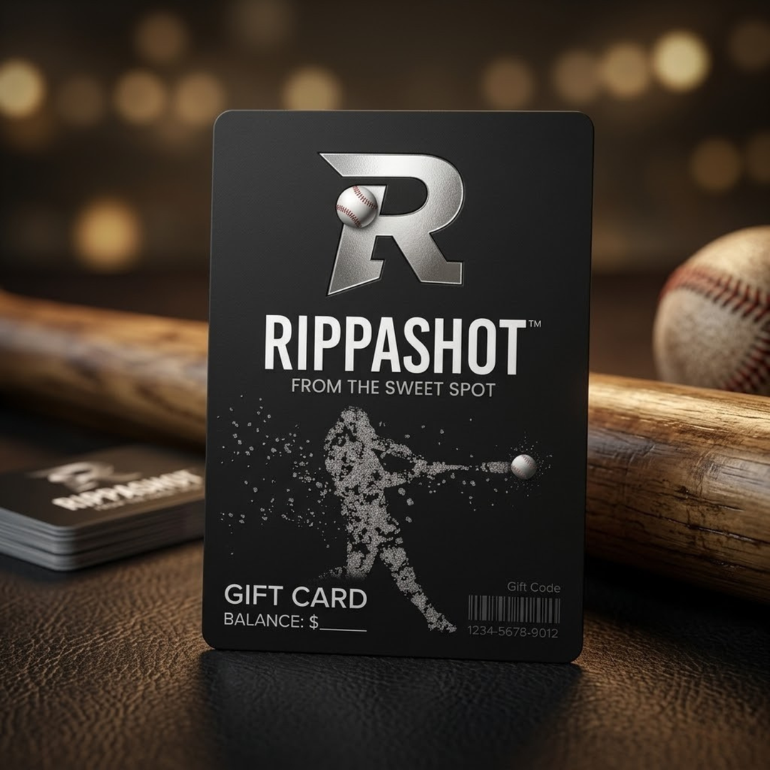RIPPASHOT gift card with baseball theme on a dark surface with blurred lights in the background