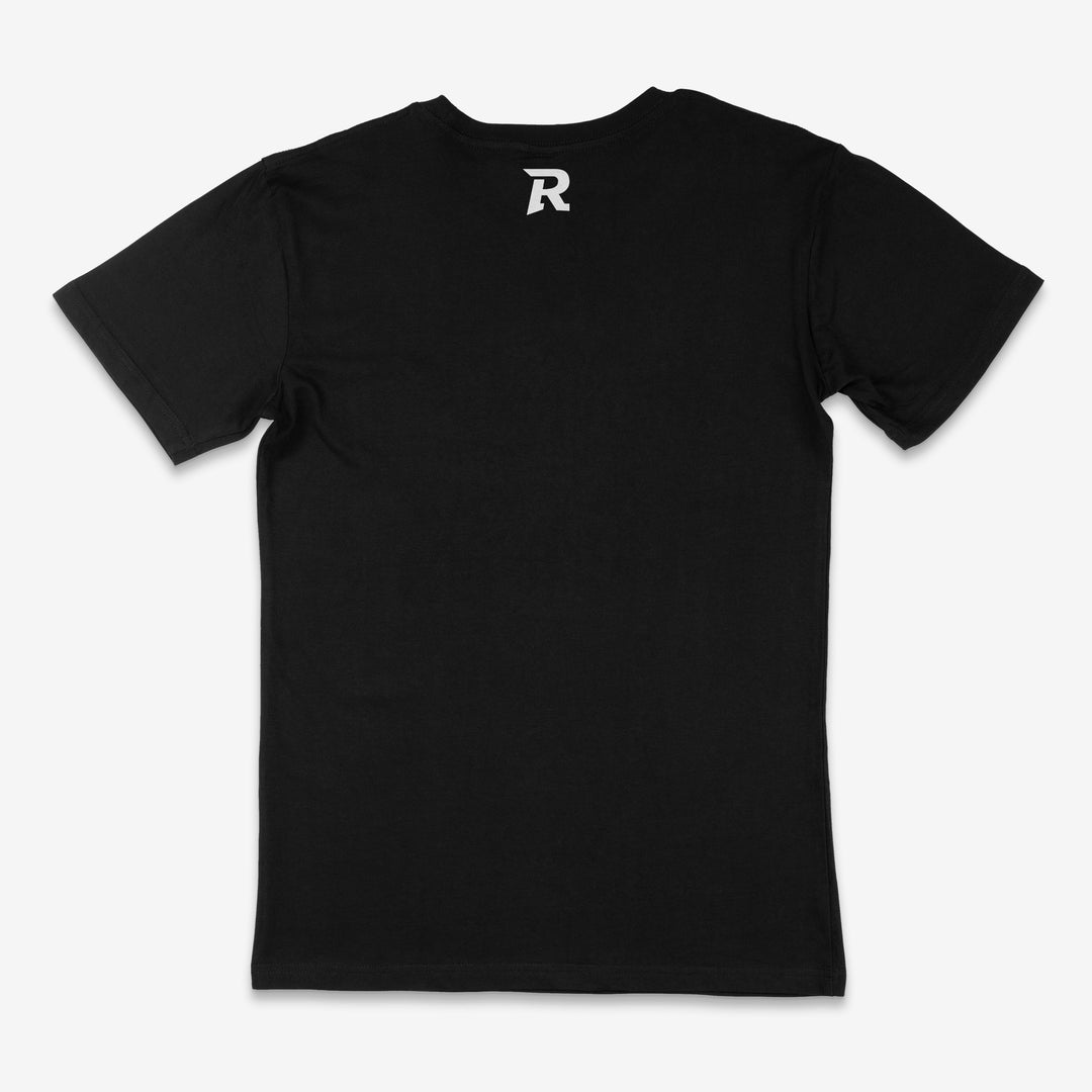 RIPPASHOT black t-shirt with a white logo on the back against a white background