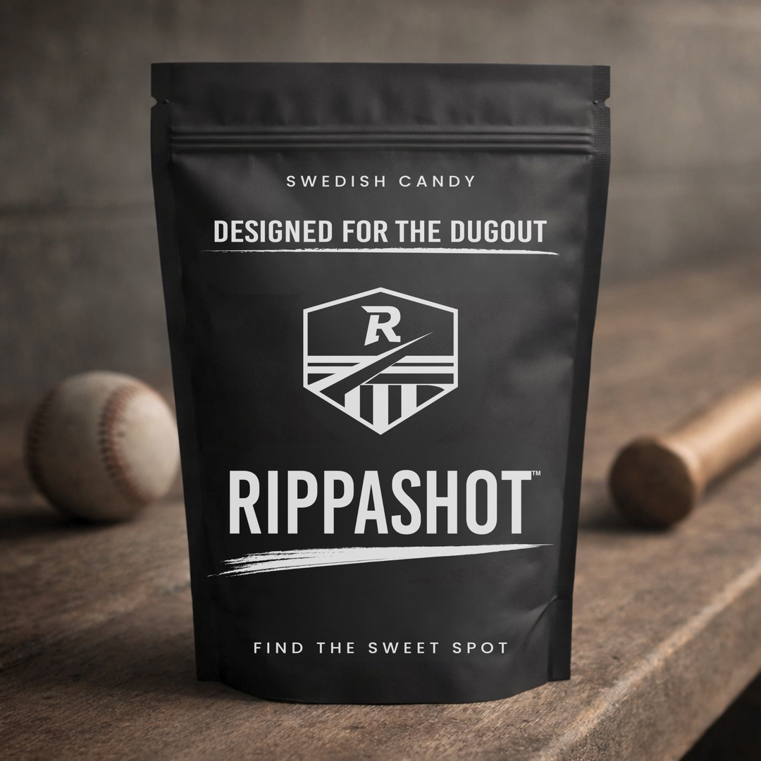 Rippashot Swedish candy package on a wooden surface with a baseball and bat in the background