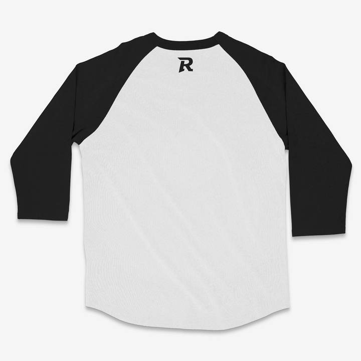 RIPPASHOT baseball shirt with black sleeves and white body on a light gray background