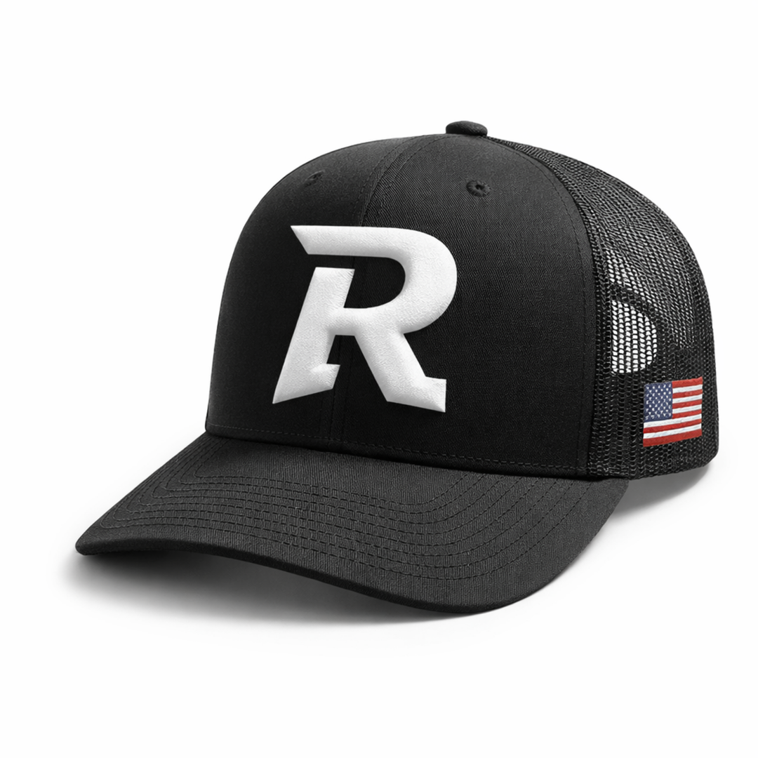 Black RIPPASHOT trucker cap with a white &