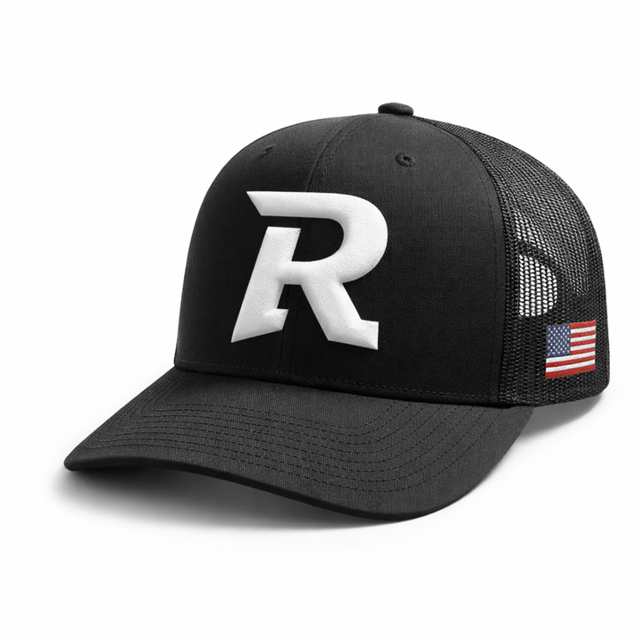 Black RIPPASHOT trucker cap with a white &