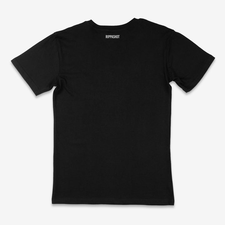 RIPPASHOT lack t-shirt with green text and band names on a white background